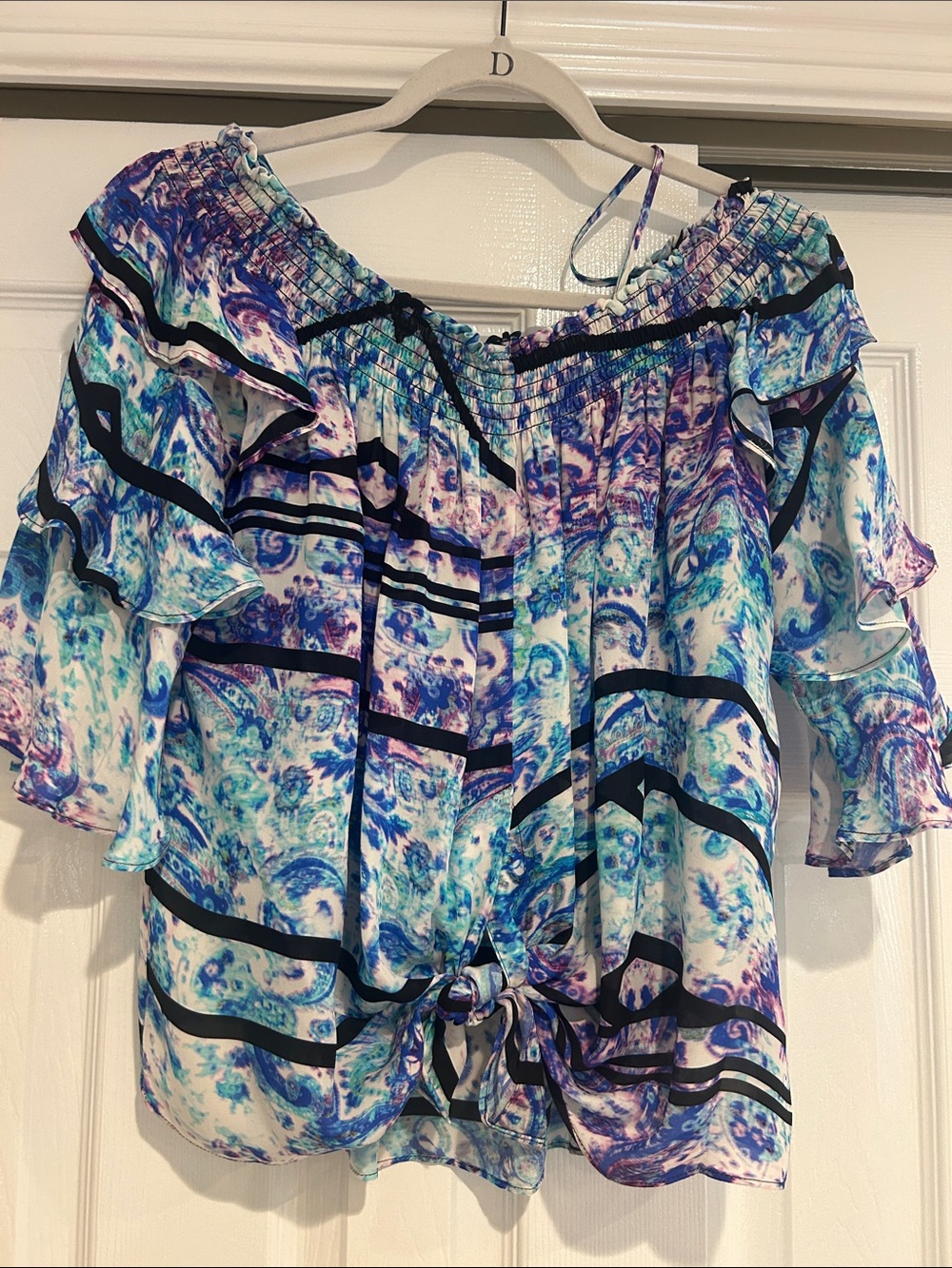 Nicole Miller Blue & Purple Off-the-Shoulder Ruffle Blouse